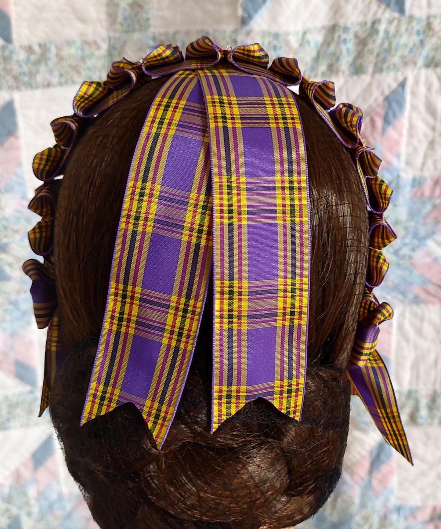 Civil War Hairnet Embellished with Purple and Yellow Plaid Folded Ribbon, Mid-19th Century, Victorian, Headpiece,