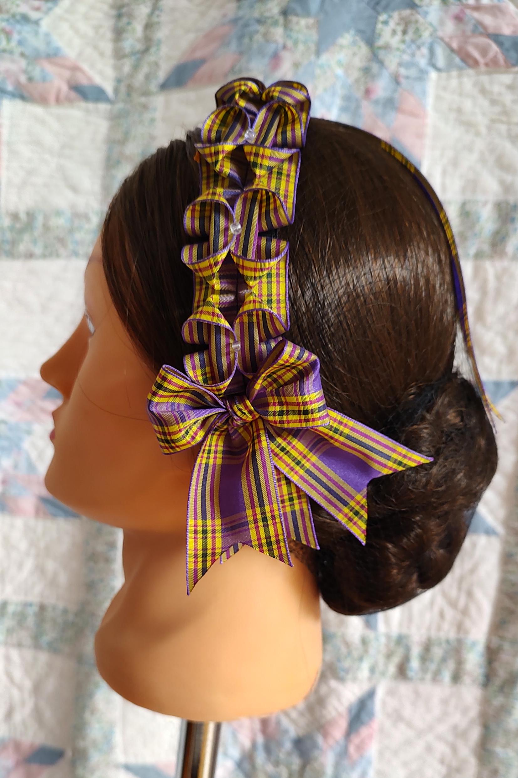 Civil War Hairnet Embellished with Purple and Yellow Plaid Folded Ribbon, Mid-19th Century, Victorian, Headpiece,