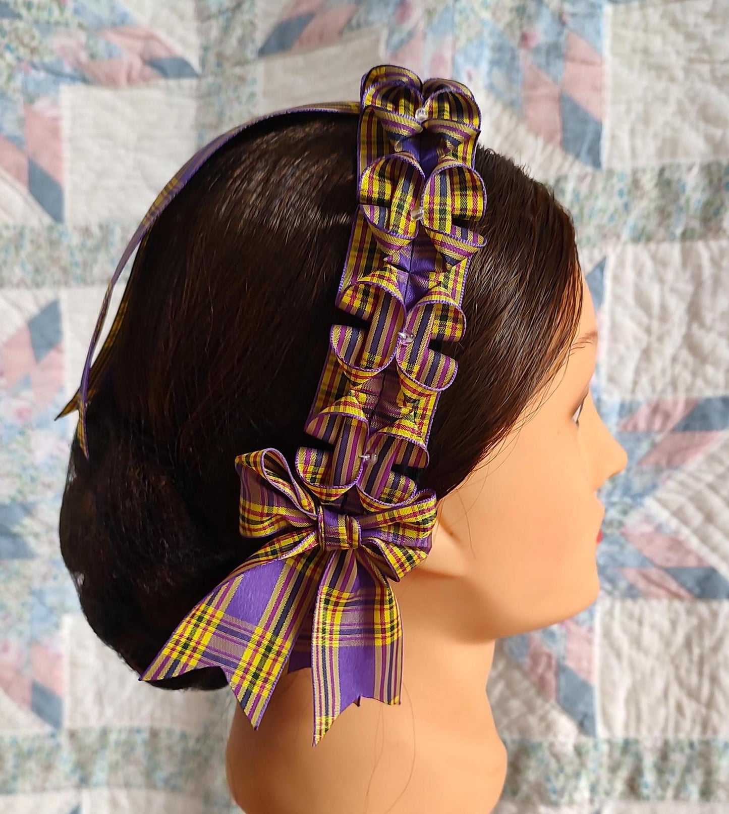 Civil War Hairnet Embellished with Purple and Yellow Plaid Folded Ribbon, Mid-19th Century, Victorian, Headpiece,