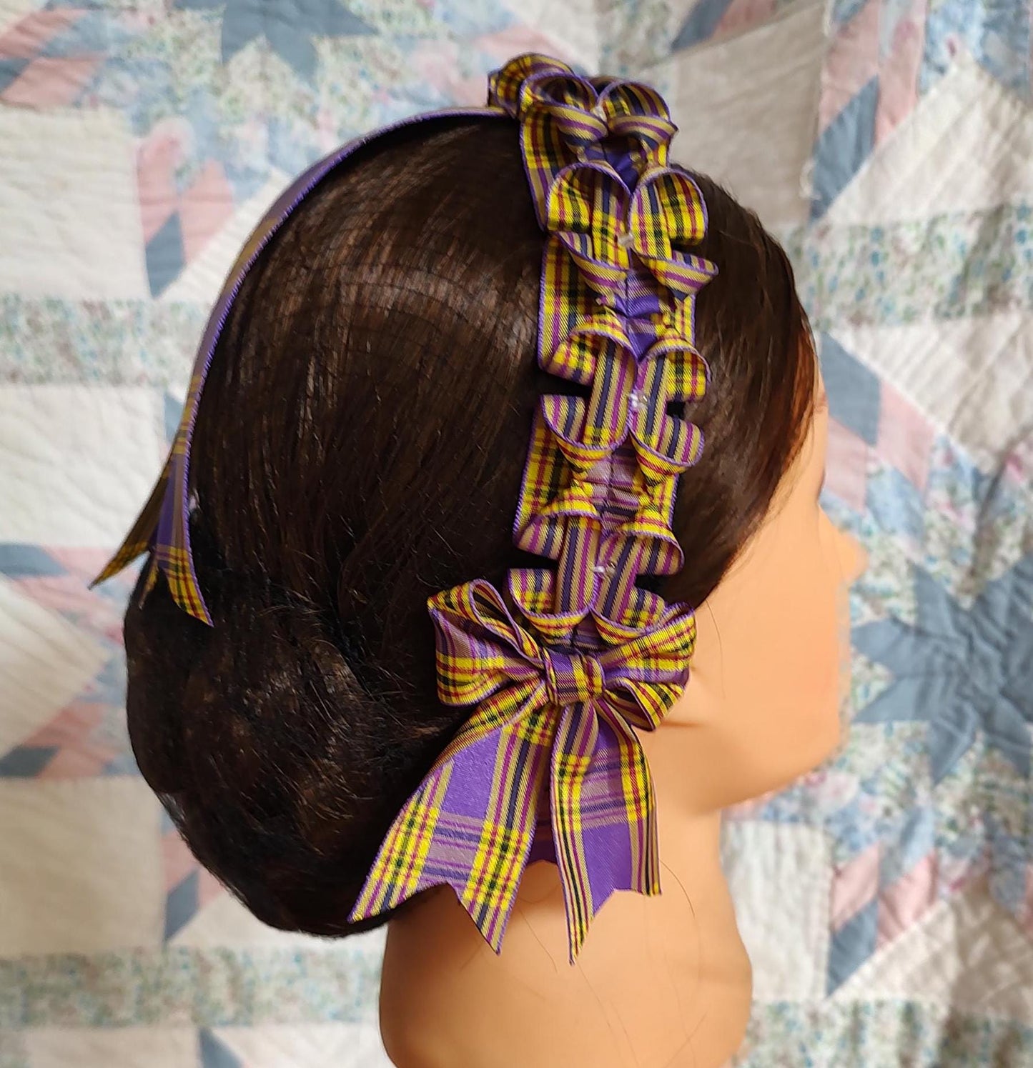 Civil War Hairnet Embellished with Purple and Yellow Plaid Folded Ribbon, Mid-19th Century, Victorian, Headpiece,