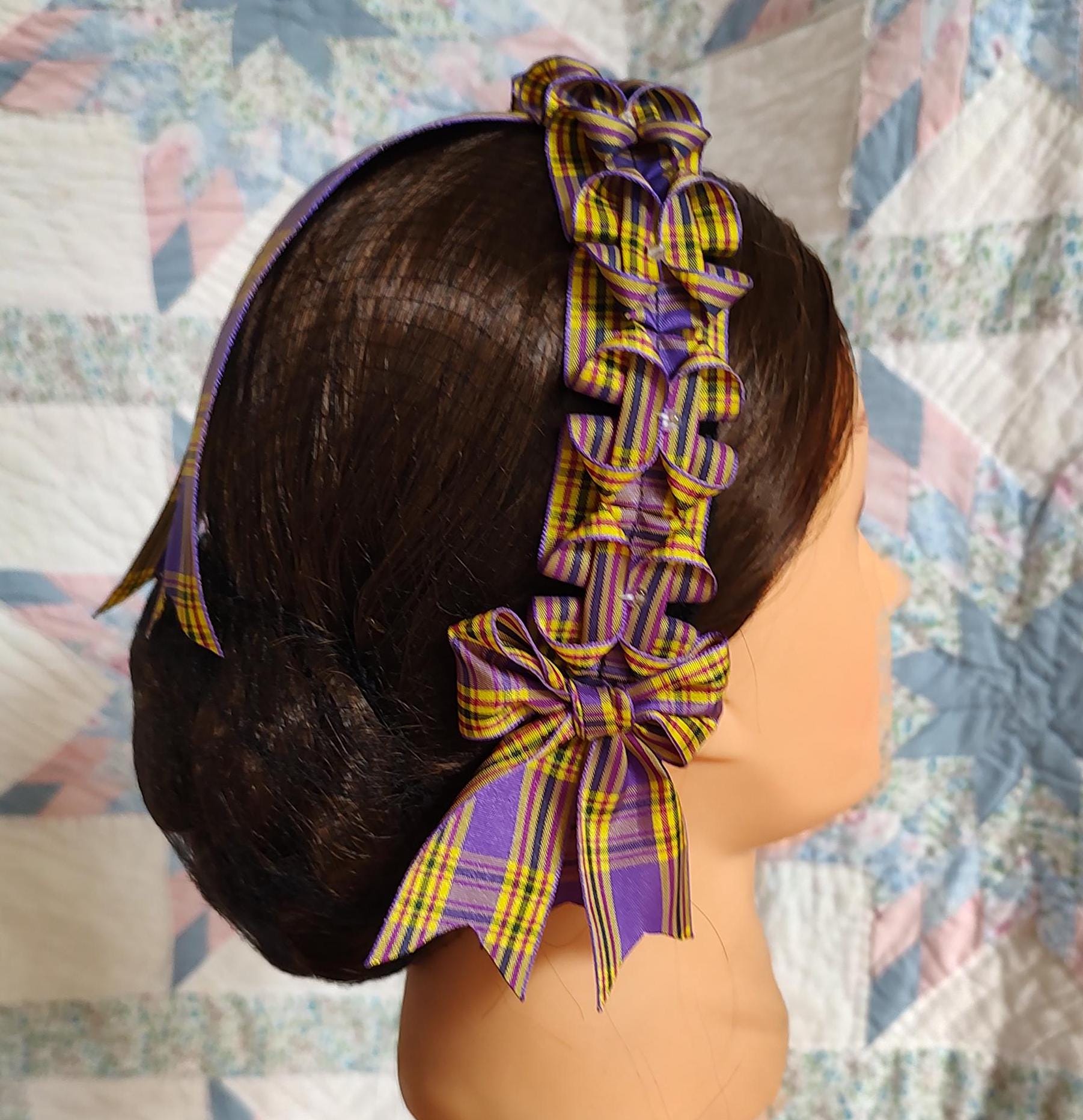 Civil War Hairnet Embellished with Purple and Yellow Plaid Folded Ribbon, Mid-19th Century, Victorian, Headpiece,