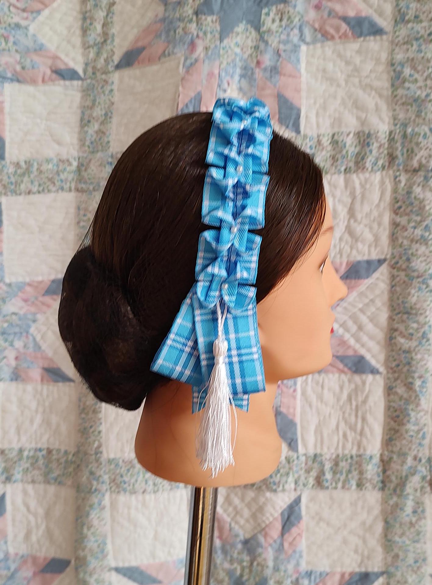 Civil War Hairnet Embellished with Blue Plaid Folded Ribbon and Tassels, Mid-19th Century, Victorian, Headpiece,
