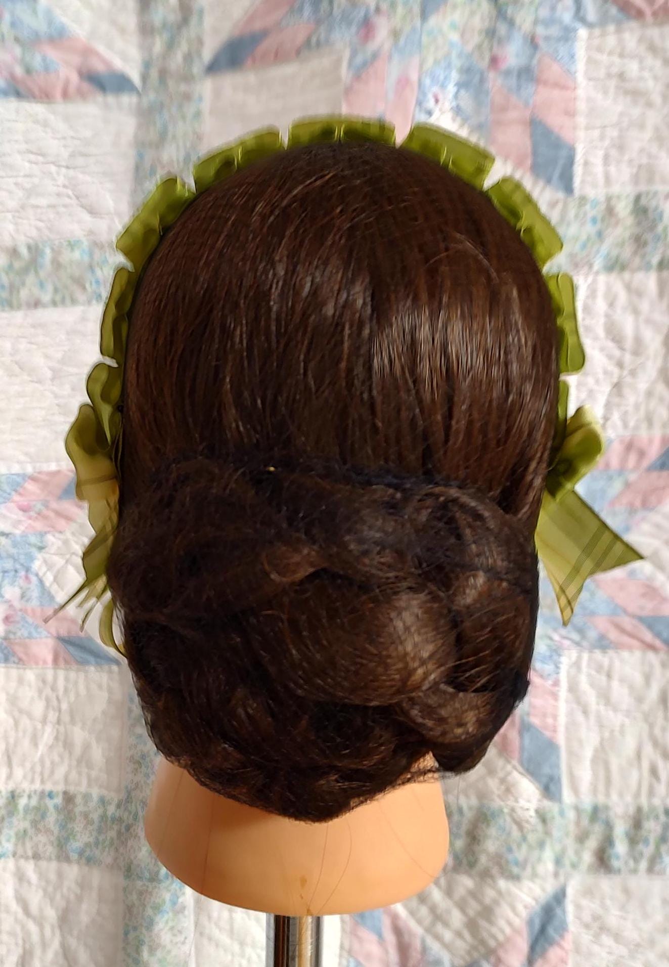 Civil War Hairnet Embellished with Moss Green and Soft YellowPlaid Folded Ribbon, Mid-19th Century, Victorian, Headpiece,