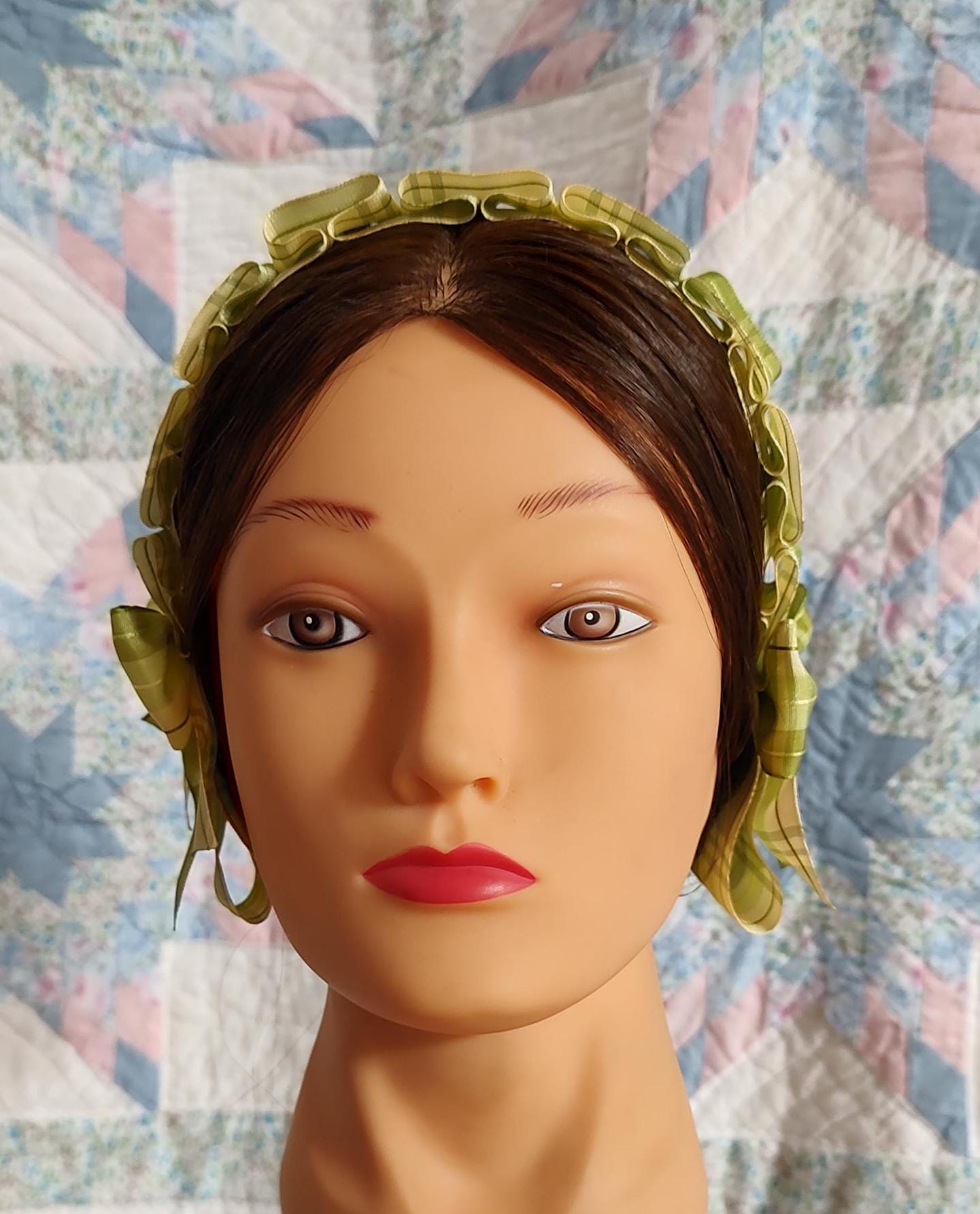 Civil War Hairnet Embellished with Moss Green and Soft YellowPlaid Folded Ribbon, Mid-19th Century, Victorian, Headpiece,
