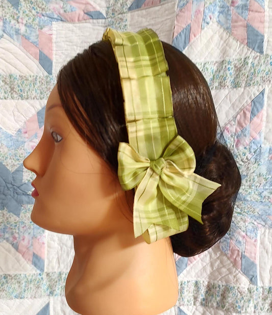 Civil War Hairnet Embellished with Moss Green and Soft YellowPlaid Folded Ribbon, Mid-19th Century, Victorian, Headpiece,