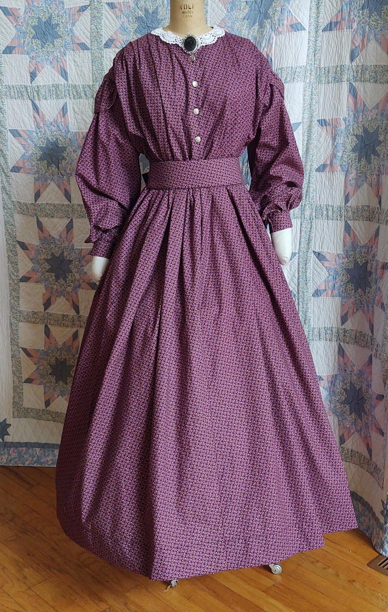 BASIC Civil War Era Dress / Day Wrapper in Calico Print, camp, work or day dress, Victorian, Pioneer, Historical, 19th Century