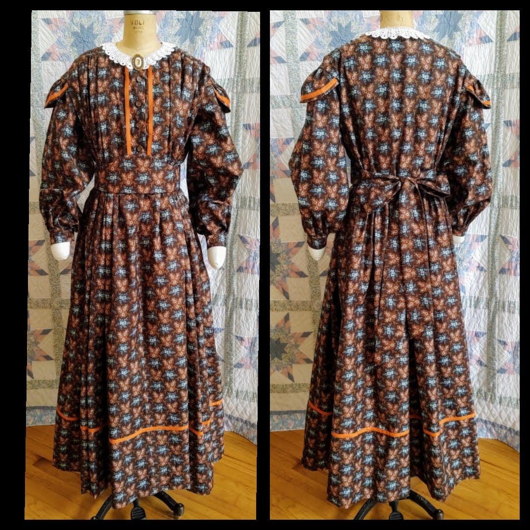 Trimmed Civil War Era Dress / Day Wrapper in Calico Print, camp, work or day dress, Victorian, Pioneer, Historical, 19th Century