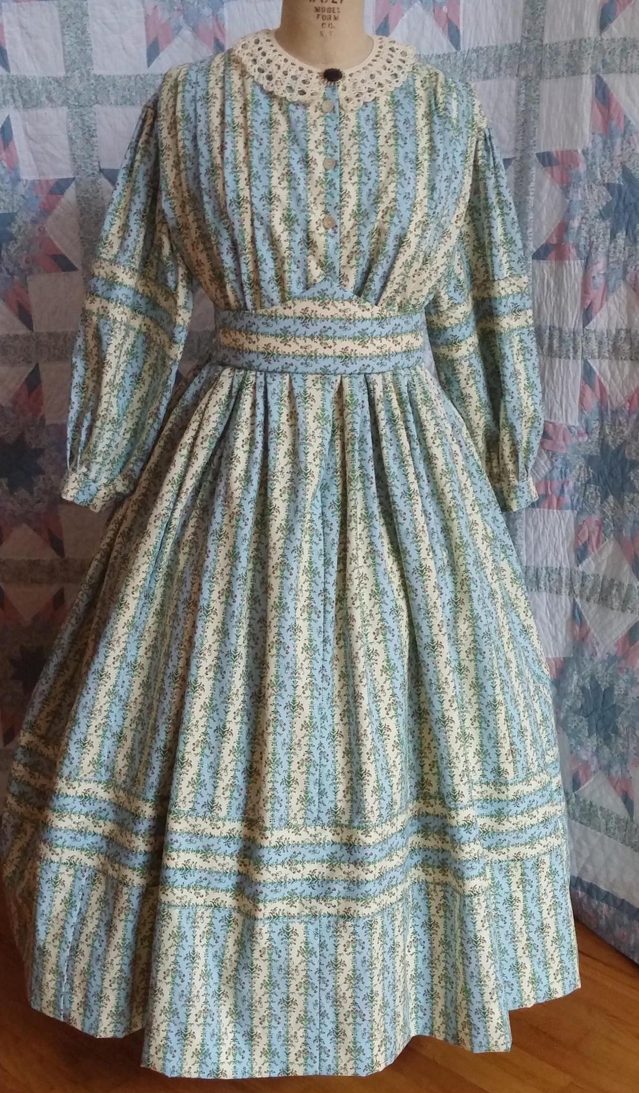 Striped Civil War Era Dress / Day Wrapper in Calico Print, camp, work or day dress, Victorian, Pioneer, Historical, 19th Century