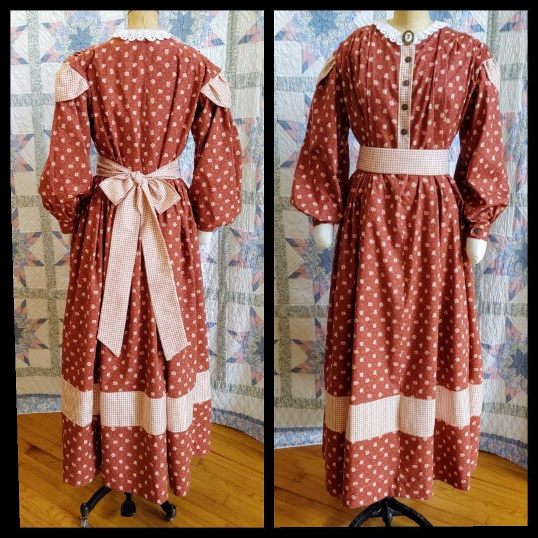 Civil War Era Dress Trimmed in Complimentary Fabric / Day Wrapper, camp, work or day dress, Victorian, Pioneer, Historical, 19th Century