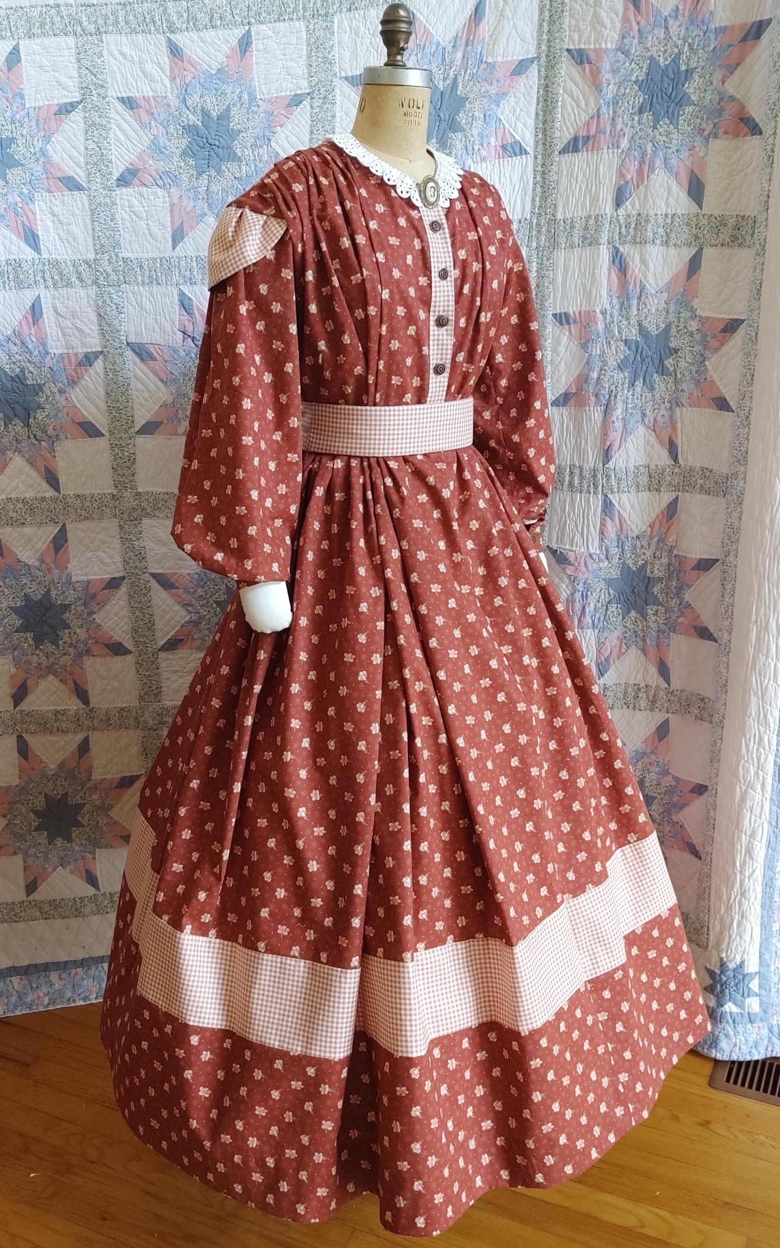 Civil War Era Dress Trimmed in Complimentary Fabric / Day Wrapper, camp, work or day dress, Victorian, Pioneer, Historical, 19th Century