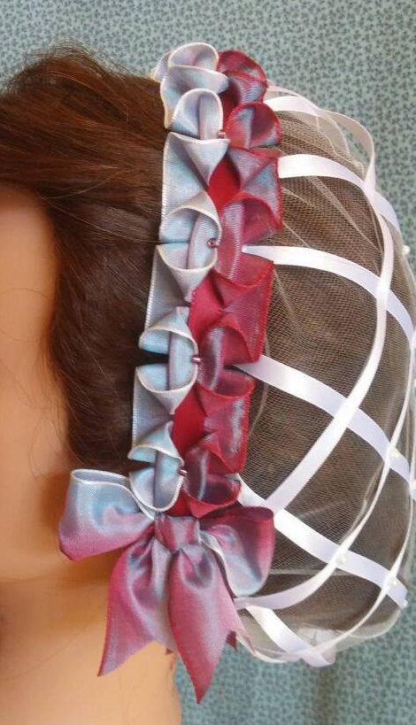 White Ribbon Hairnet with choice of 2 styles of Variegated Ribbon Coronet