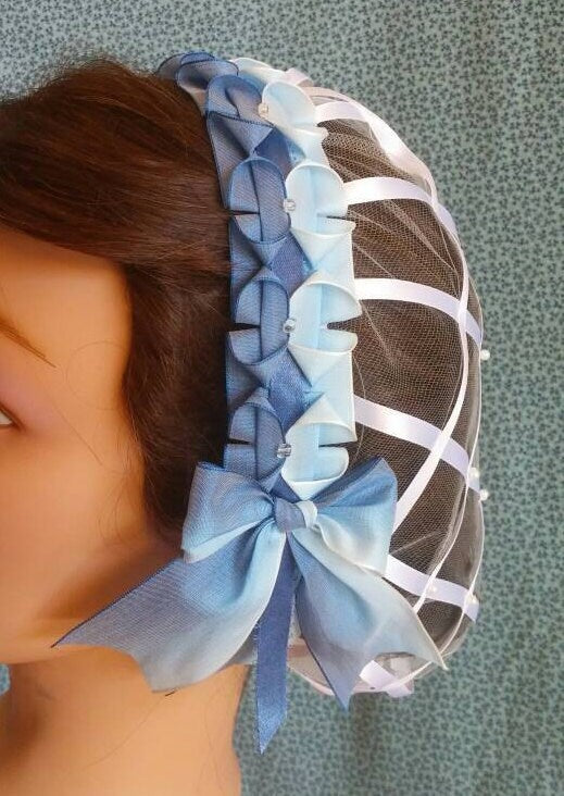 White Ribbon Hairnet with choice of 2 styles of Variegated Ribbon Coronet