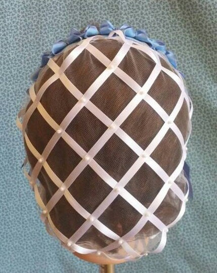 White Ribbon Hairnet with choice of 2 styles of Variegated Ribbon Coronet