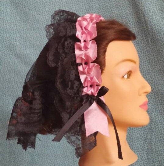 Black Lacy Daycap with Rose Ribbon Accents