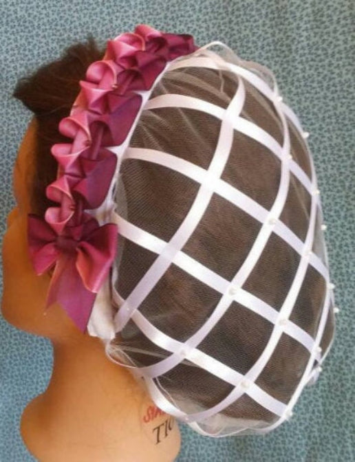 White Ribbon Hairnet with choice of 2 styles of Variegated Ribbon Coronet
