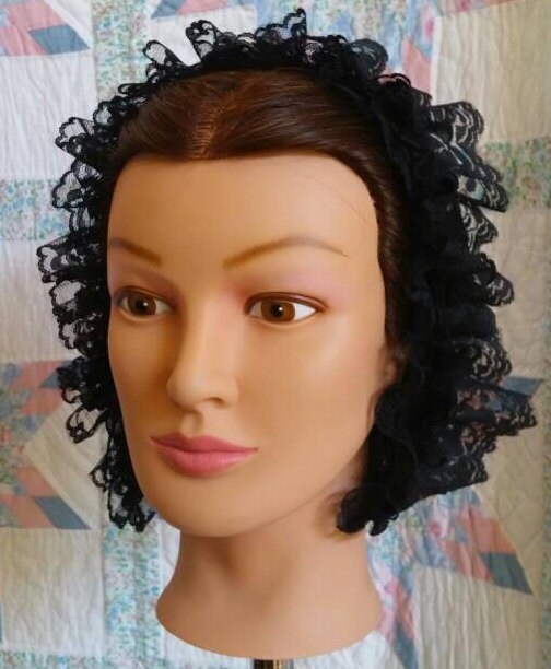 Black Velvet Ribboned Lacy Black Daycap - MOURNING