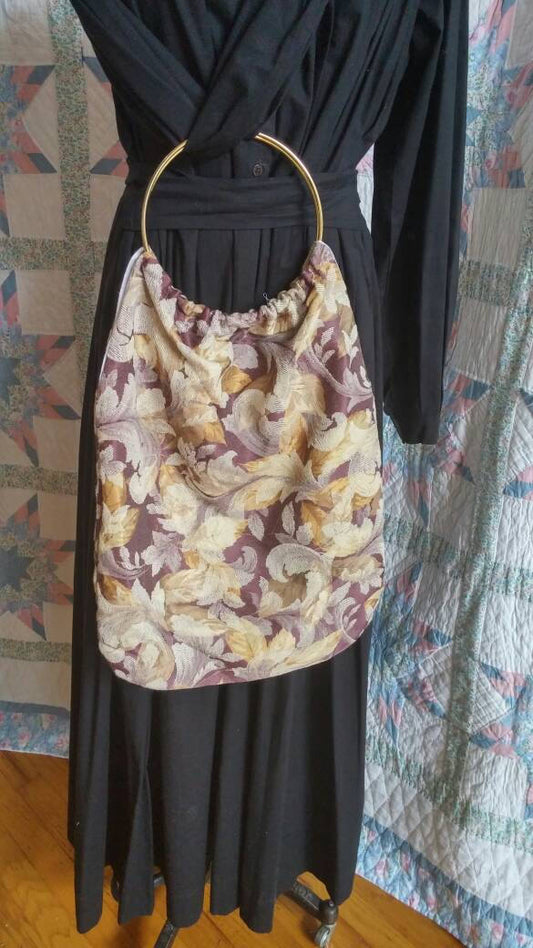 Wine, Brown, Gold and Cream Leaf Patten Tapestry Work Bag - 19th century