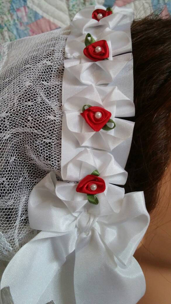 White Lacy Fanchon Daycap with Red Ribbon Roses