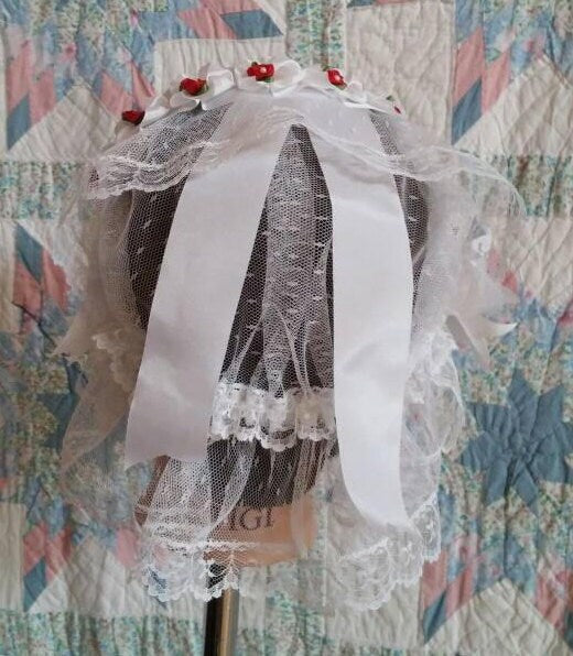 White Lacy Fanchon Daycap with Red Ribbon Roses
