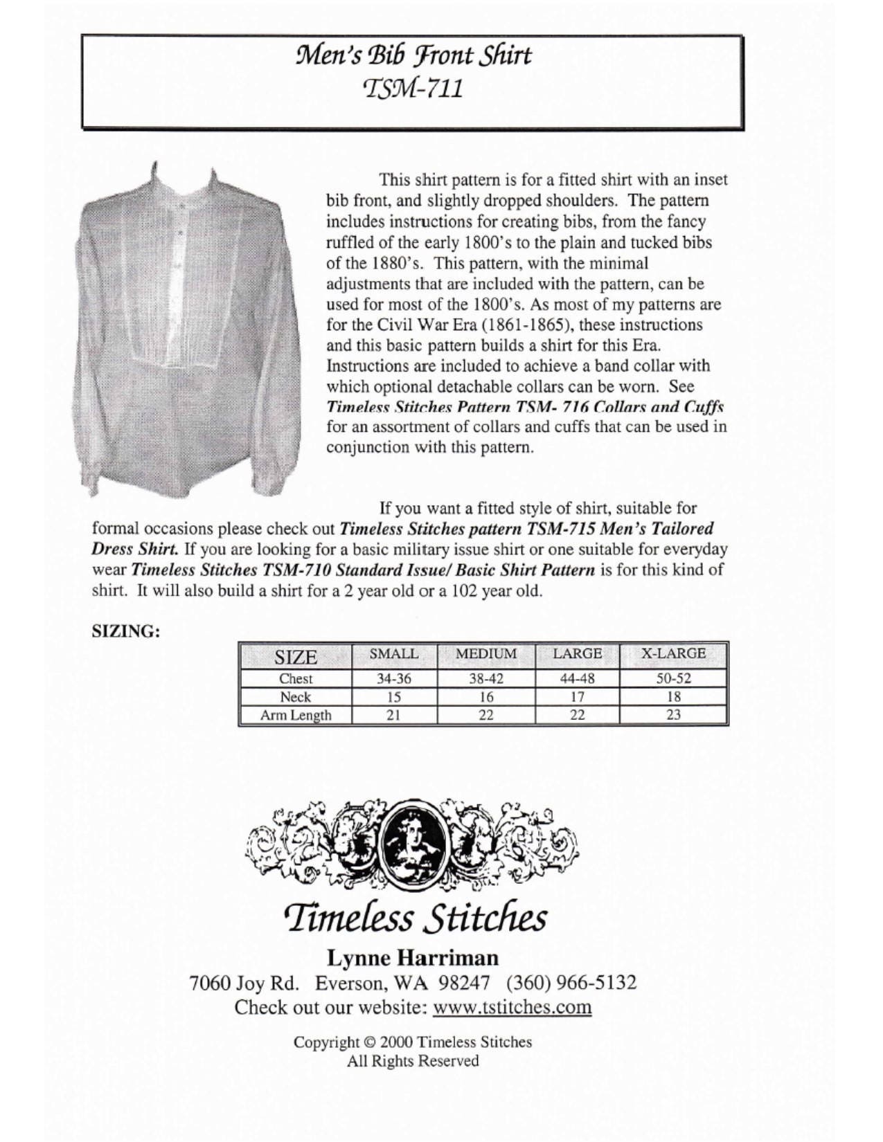 Mens Bib Front Shirt/ 19th Century Civilian Mens Shirt Pattern Timeless Stitches Sewing Pattern TSM-711