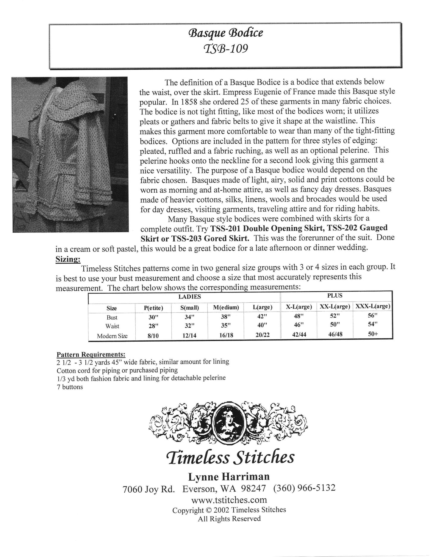 Basque Bodice /Mid- 19th Century/ Civil War Era Bodice Pattern/ Timeless Stitches Sewing Pattern TSB-109