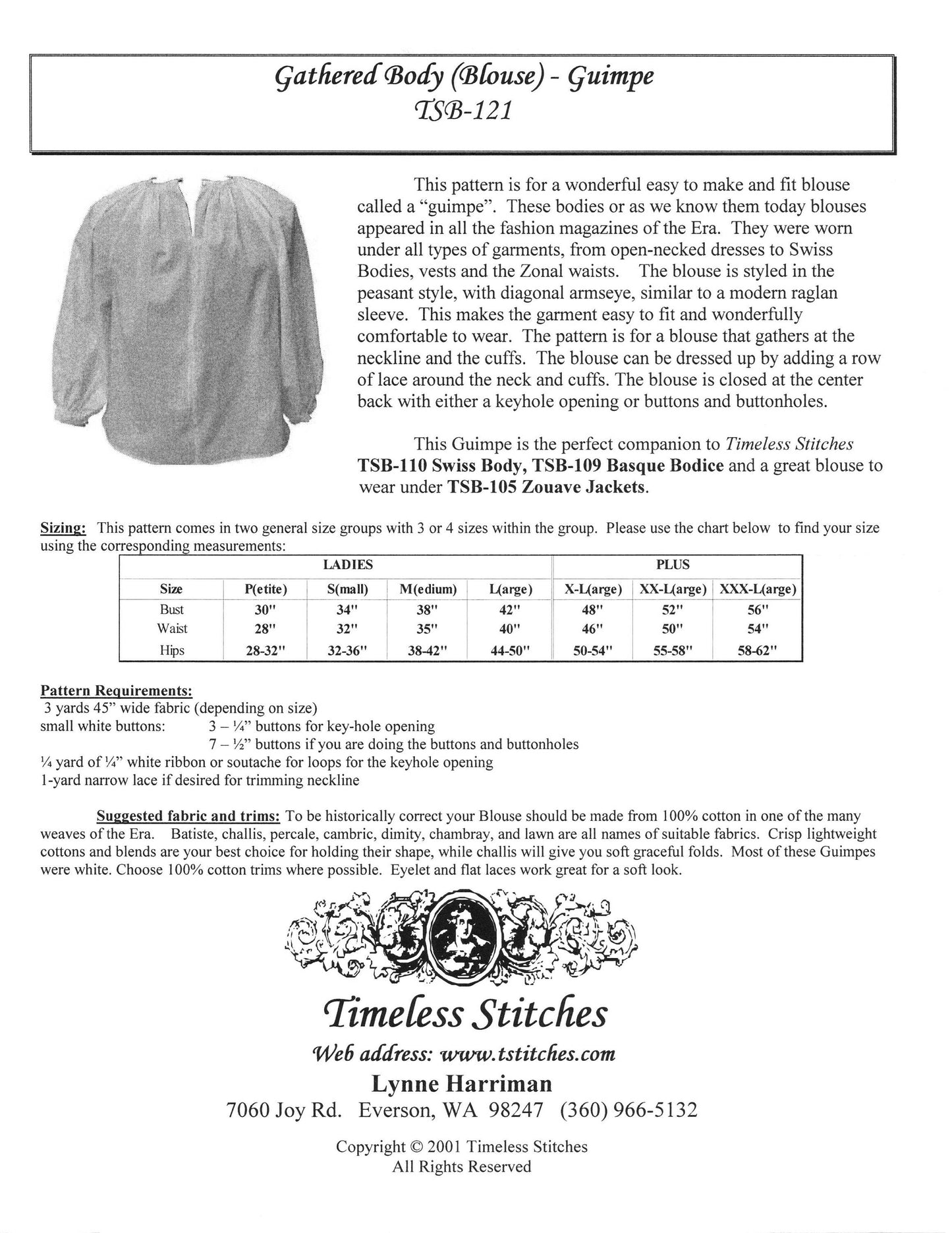 Gathered Body (Blouse) - Guimpe / 19th Century/ Civil War Era Bodice Pattern/ Timeless Stitches Sewing Pattern TSB-121