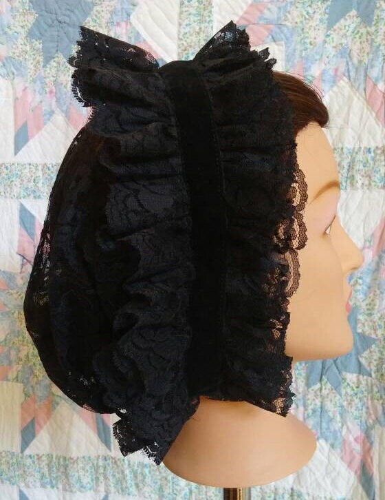 Black Velvet Ribboned Lacy Black Daycap - MOURNING