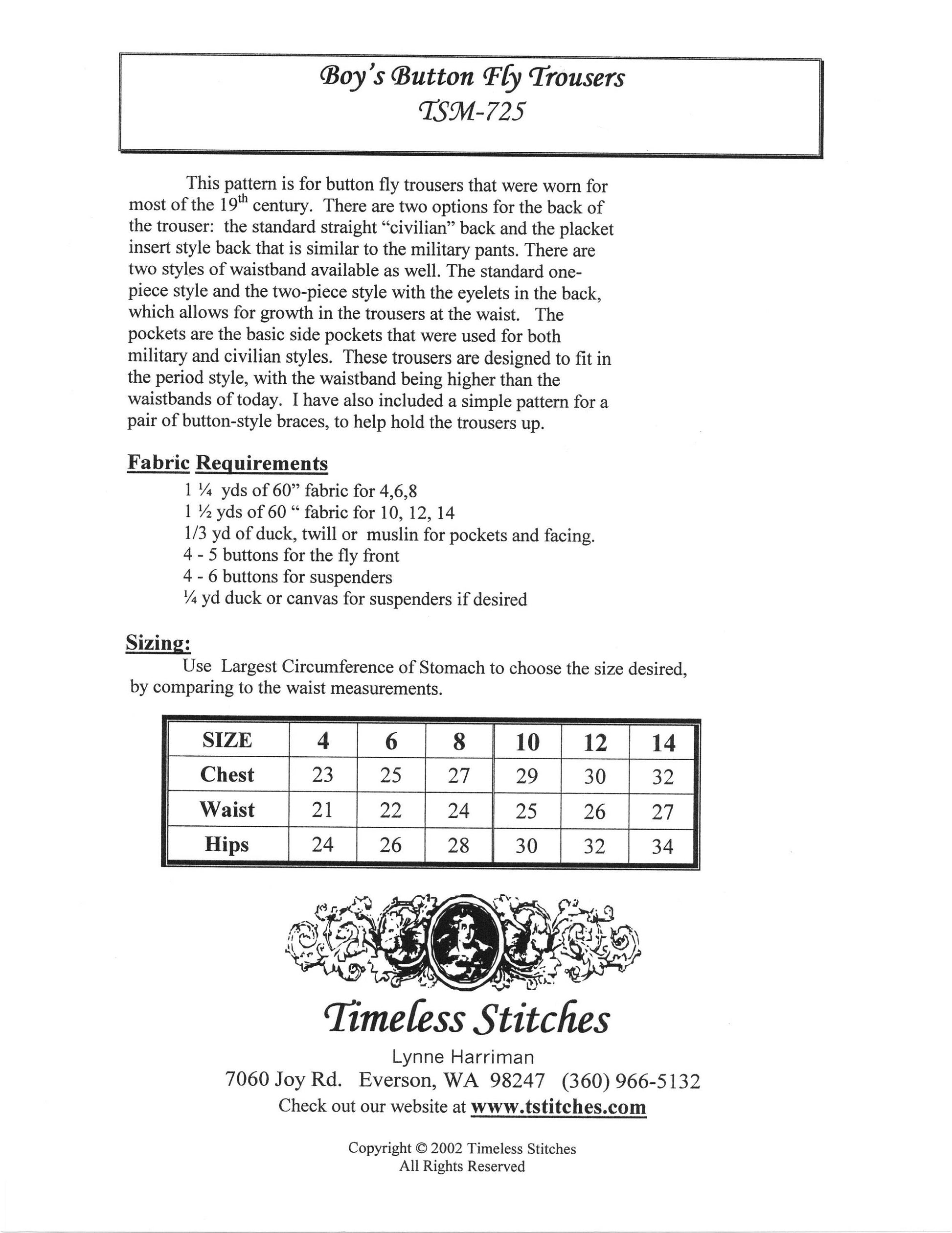 Boys Button Fly Trousers/ 19th Century Button Fly Trouser Pattern/ Timeless Stitches Sewing Pattern TSM-725 Boys Trousers