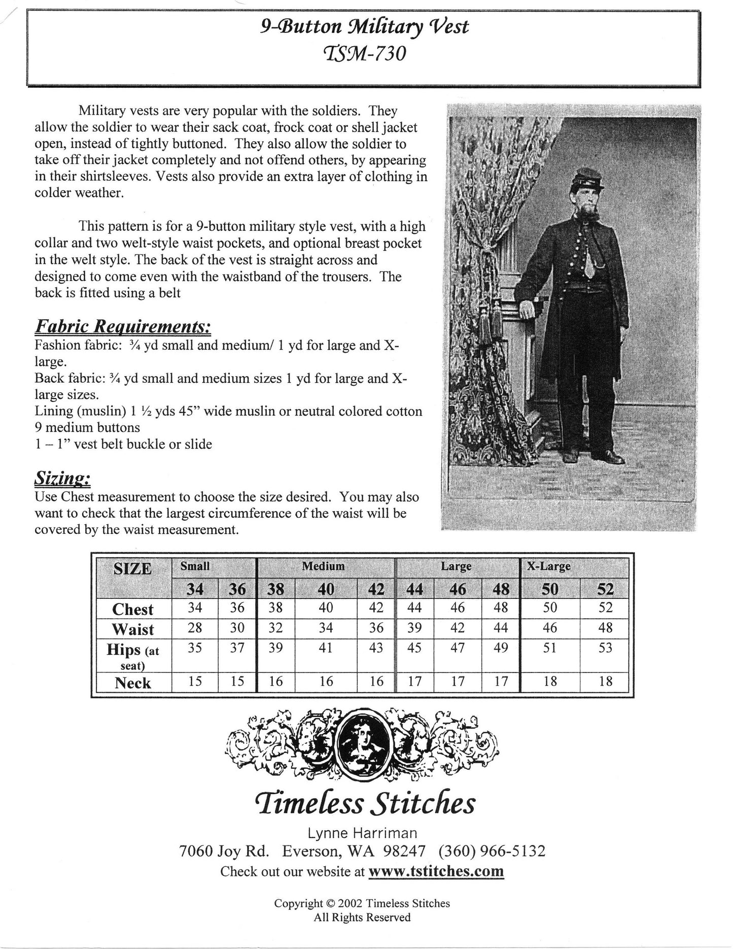 9 Button Military Vest/ Civil War Era Military Vest Pattern Timeless Stitches Sewing Pattern TSM-730 Military vest