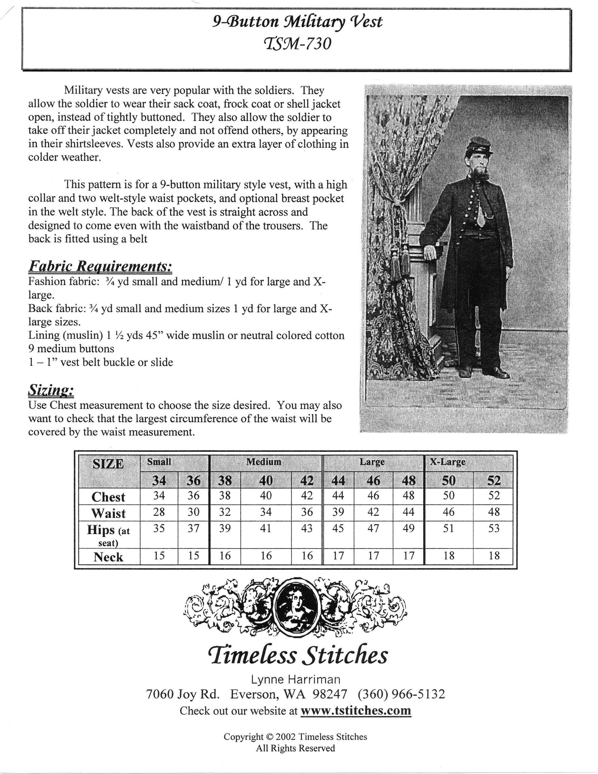 9 Button Military Vest/ Civil War Era Military Vest Pattern Timeless Stitches Sewing Pattern TSM-730 Military vest