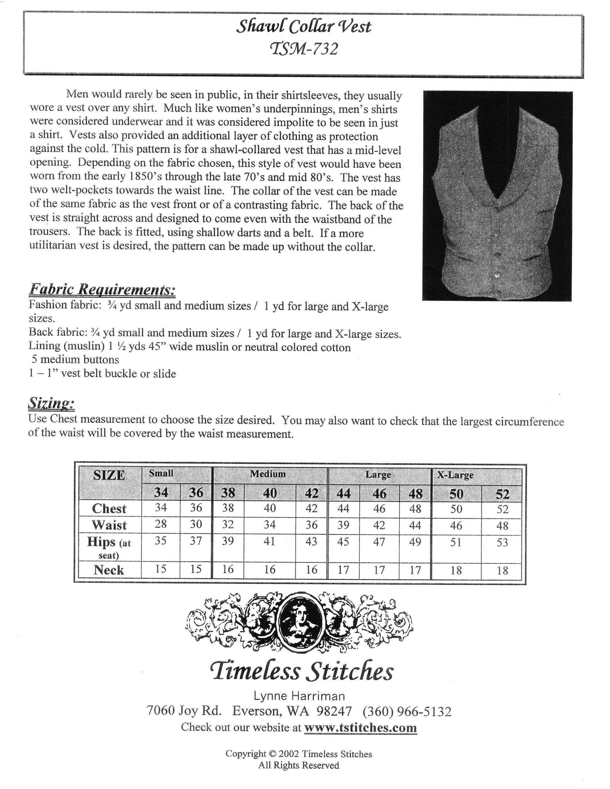 Shawl Collar Civilian Vest/ 1850-1880's Civilian Vest Pattern / Timeless Stitches Sewing Pattern TSM-732 Shawl Collar Vest