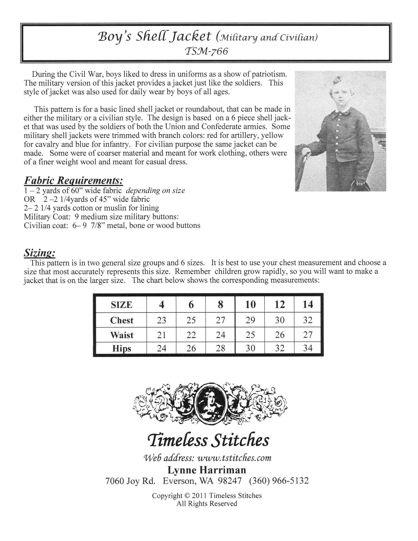 Boy's Shell Jacket (Military and Civilian) / Civil War Era Boy's Shell Jacket/Timeless Stitches Sewing Pattern TSM-766 Boys Shell Jacket