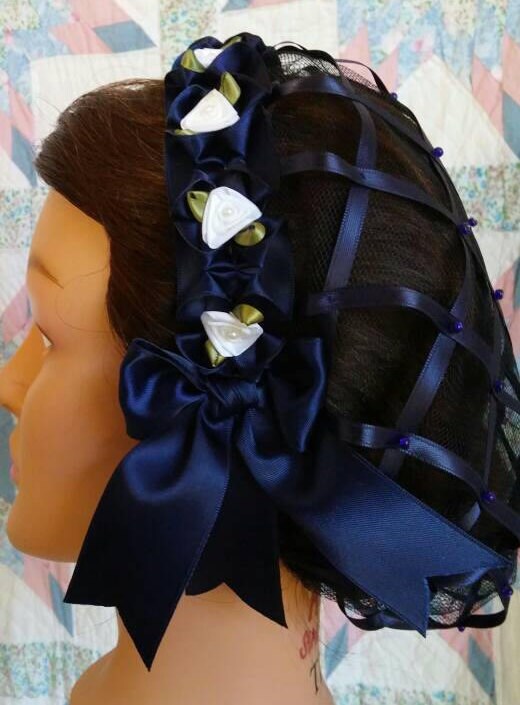 Navy Ribbon Hairnet with White Satin Ribbon Roses on a Navy Folded Ribbon Coronet