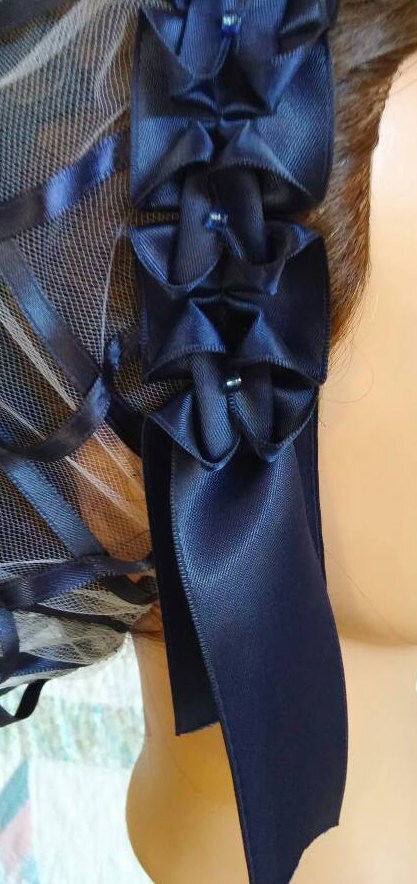 Navy Ribbon Hairnet with Navy Satin Ribbon Coronet