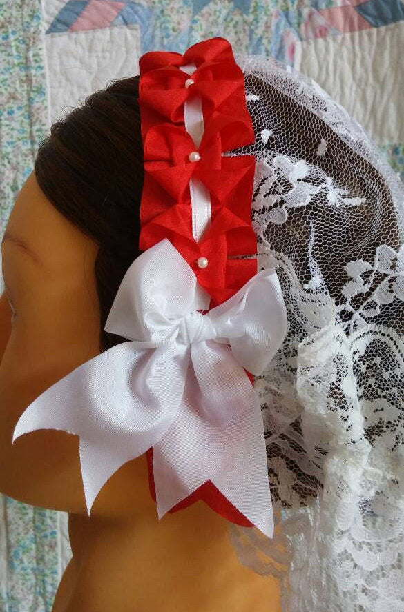 Red and White Trimmed White Lace Fanchon Styled Day Cap