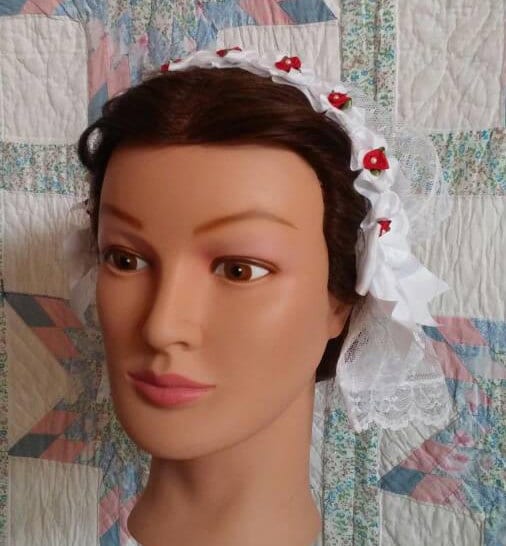 White Lacy Fanchon Daycap with Red Ribbon Roses