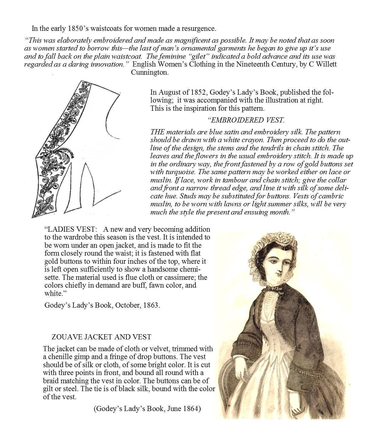 Lady's Shawl Collar Vest (Godey's Vest) /19th Century/ Civil War Era vest Pattern/ Timeless Stitches Sewing Pattern TSB-115