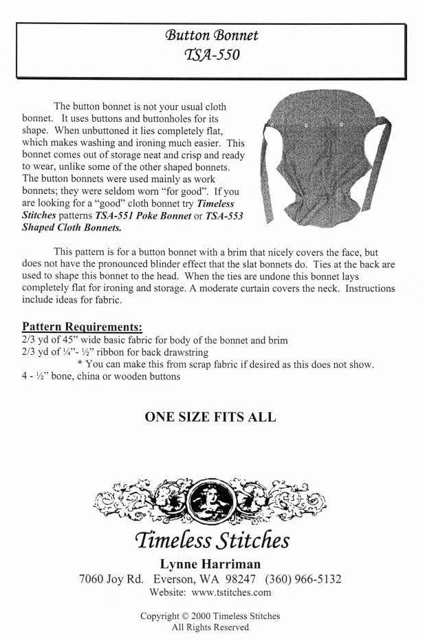 Button Bonnet /19th Century Pattern/ Timeless Stitches Sewing Pattern TSA- 550 Button Bonnet
