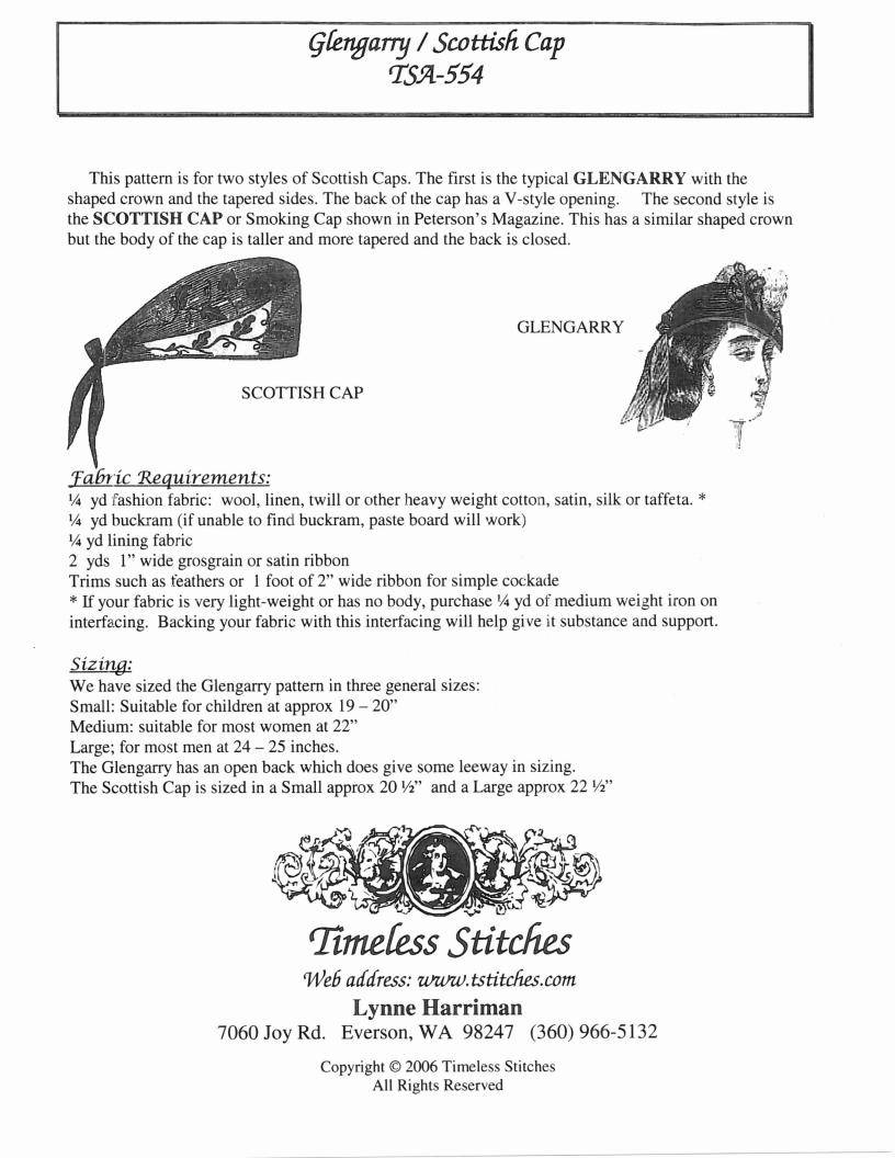 Glengarry - Scotch Cap /19th Century Headwear Pattern/ Timeless Stitches Sewing Pattern TSA- 554 Glengarry - Scotch Cap