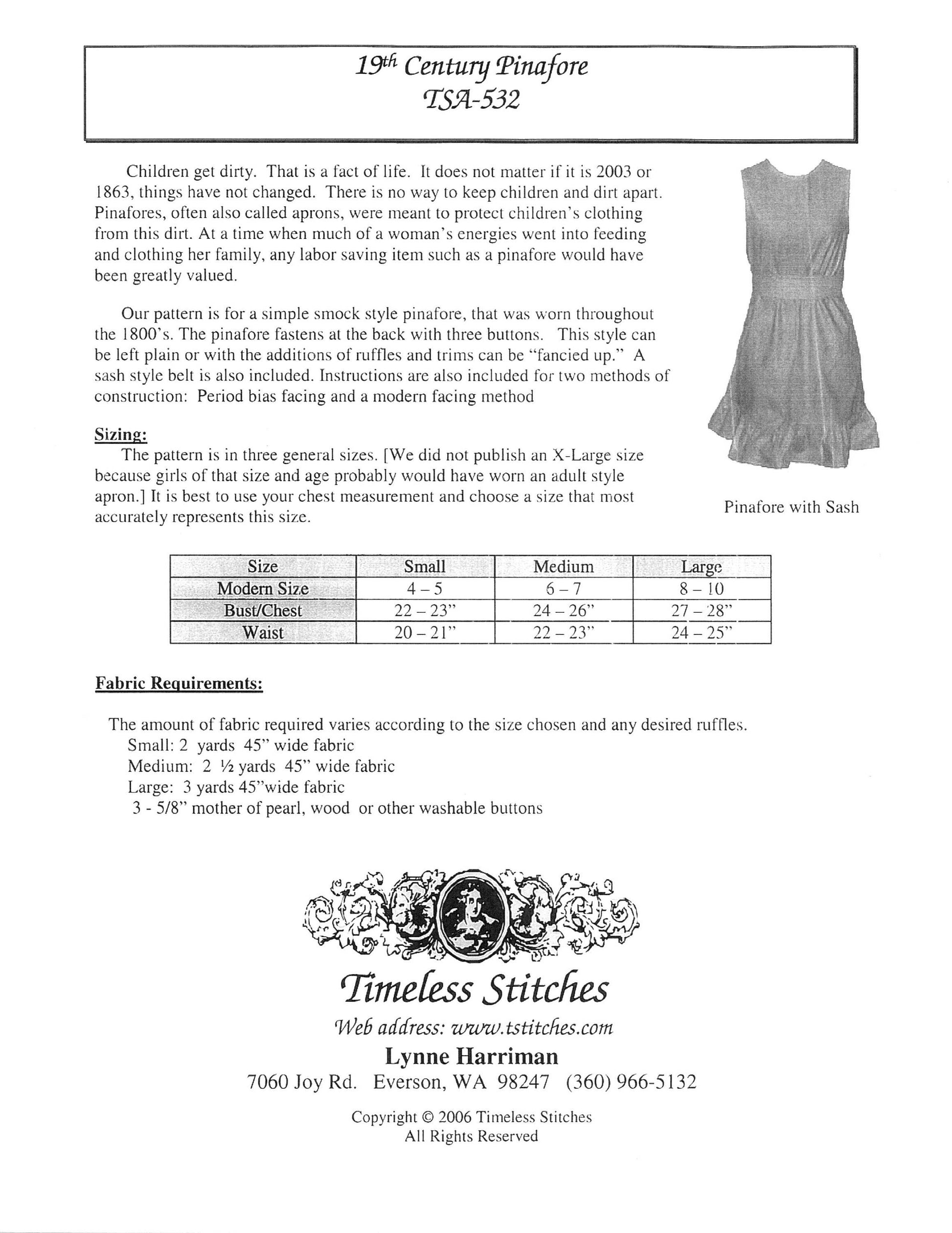 19th Century Pinafore/girls pinafore/ Timeless Stitches Sewing Pattern TSA-532 19th Century Girls Pinafore