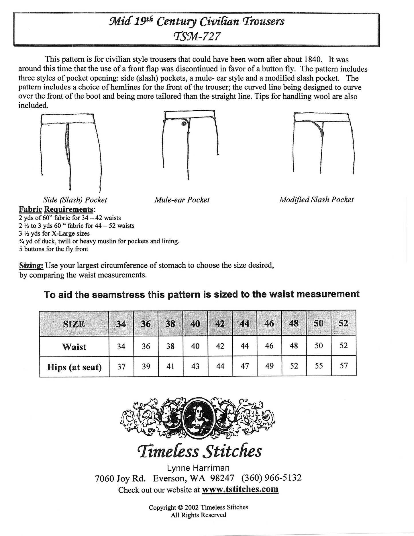 Civilian Trousers/ 19th Century Button Fly Trouser Pattern/ Timeless Stitches Sewing Pattern TSM-727 Civilian Trousers