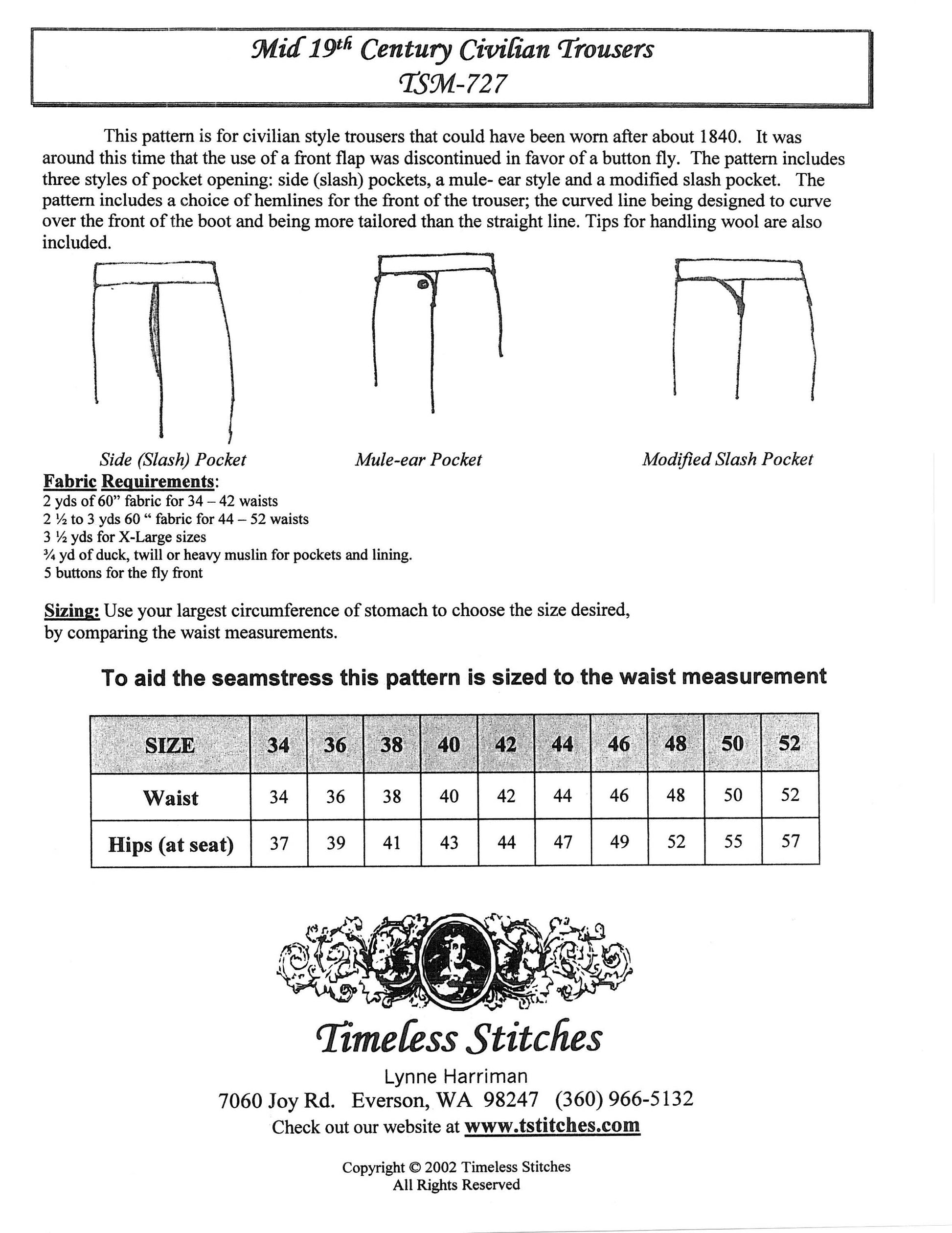 Civilian Trousers/ 19th Century Button Fly Trouser Pattern/ Timeless Stitches Sewing Pattern TSM-727 Civilian Trousers
