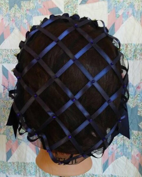 Navy Ribbon Hairnet with White Satin Ribbon Roses on a Navy Folded Ribbon Coronet