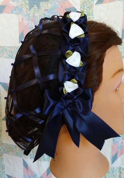 Navy Ribbon Hairnet with White Satin Ribbon Roses on a Navy Folded Ribbon Coronet