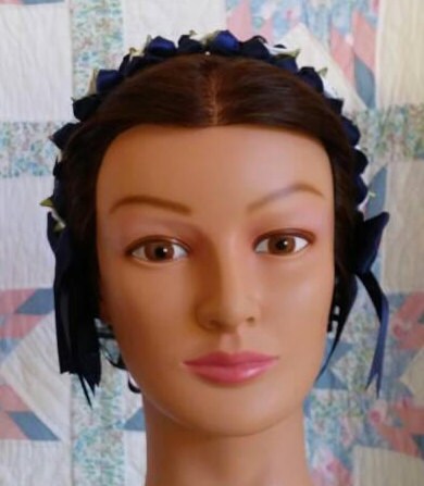 Navy Ribbon Hairnet with White Satin Ribbon Roses on a Navy Folded Ribbon Coronet
