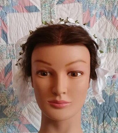 White Ribbon Rose Trimmed Folded Ribbon Fanchon Style Lacy Daycap