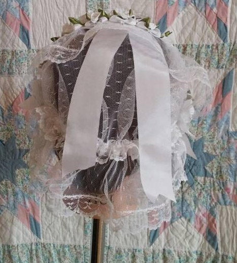 White Ribbon Rose Trimmed Folded Ribbon Fanchon Style Lacy Daycap