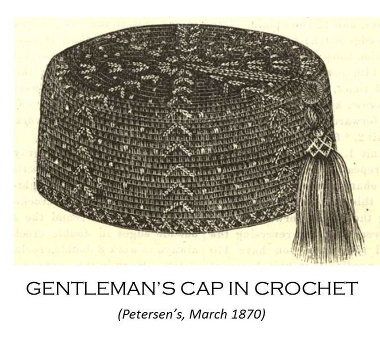 Men's Crocheted Smoking Cap in Grey with Black and White Accent - Camp Hat, Lounging Cap, 19th Century Victorian, Civil War