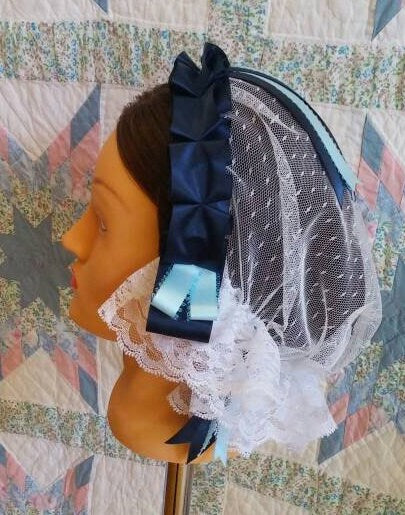 White Lace Fanchon Styled Day Cap with Navy and Baby Blue Ribbon Accents