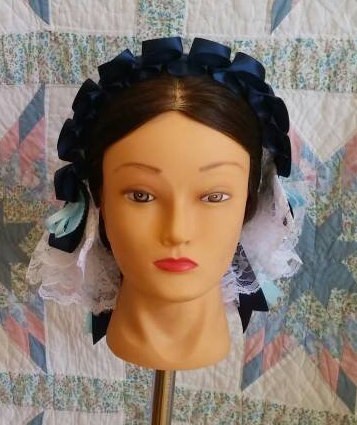 White Lace Fanchon Styled Day Cap with Navy and Baby Blue Ribbon Accents